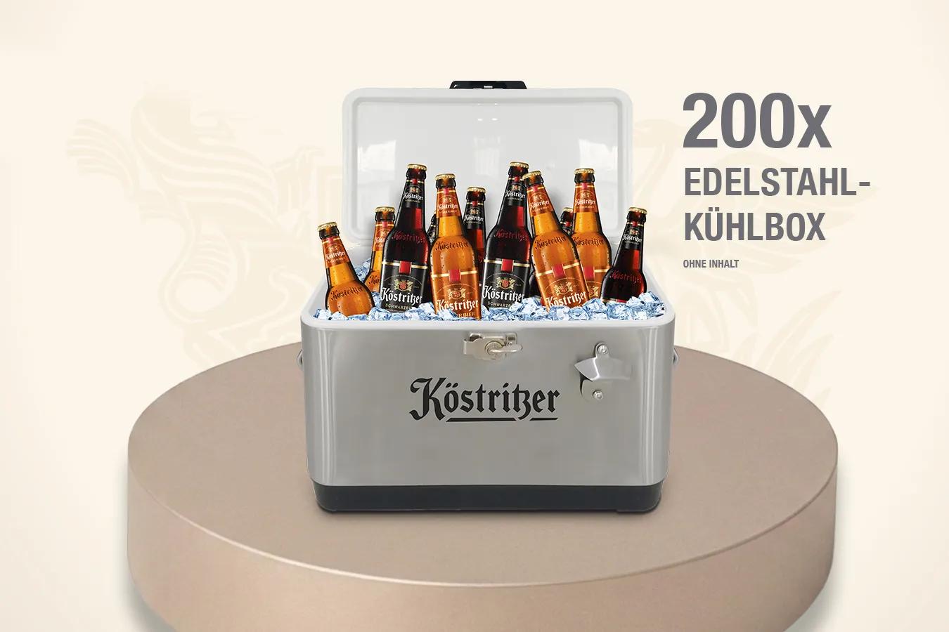 Illustration mit einer Kühlbox, in der Flaschen drin sind mit Text: 200x EDELSTAHL-KÜHLBOX OHNE INHALT.