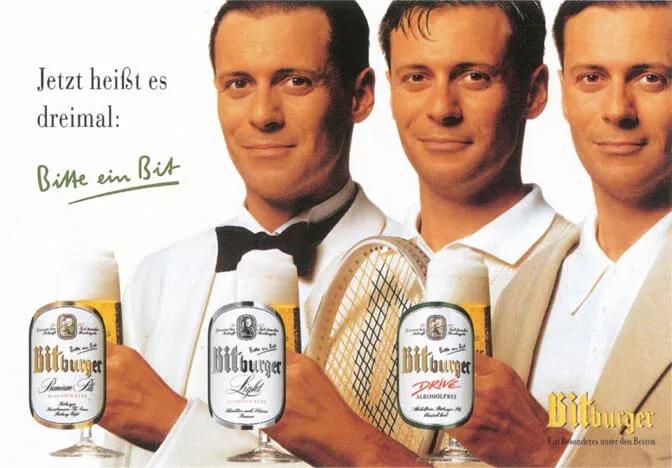 Eine Werbanzeige mit drei Männern die drei verschiedene Biersorten von Bitburger präsentieren aus dem Jahre 1992.