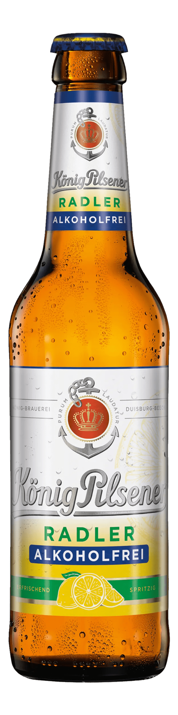 Frontalsicht auf eine Flasche König Pilsener Radler alkoholfrei. Auf dem Etikett das klassische KöPi Logo mit Text und unten mit gelben Hintergrund und einer gezeichneten Zitrone.