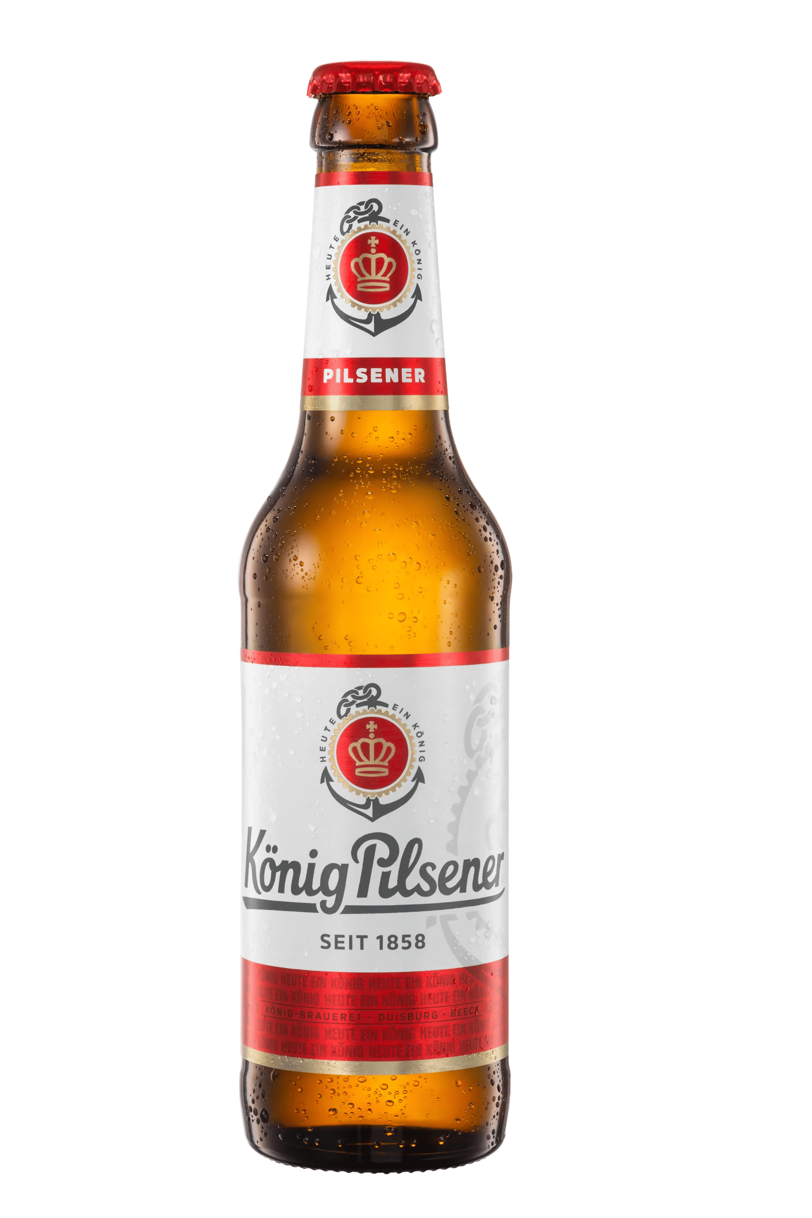 Betaute König Pilsener Flasche mit rot-weißem Etikett.