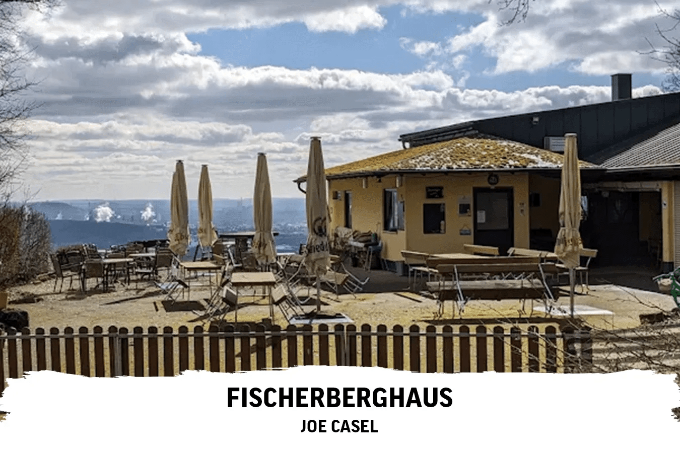 Illustration mit einem Bild einer Location auf einem Berg mit schönem Panorama und Text darunter: Fischerberghaus - Joe Casel