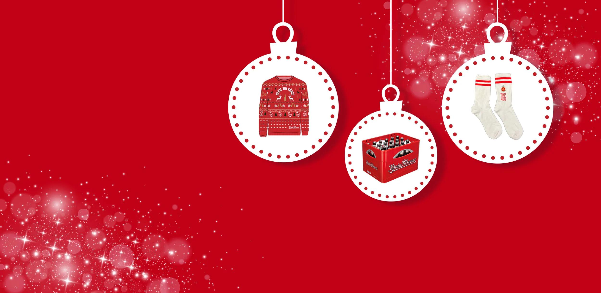 Illustration: Drei Weihnachtskugeln hängen mit jeweils Weihnachtspullover, Bierkasten und Socken als Inhalt vor rotem Hintergrund