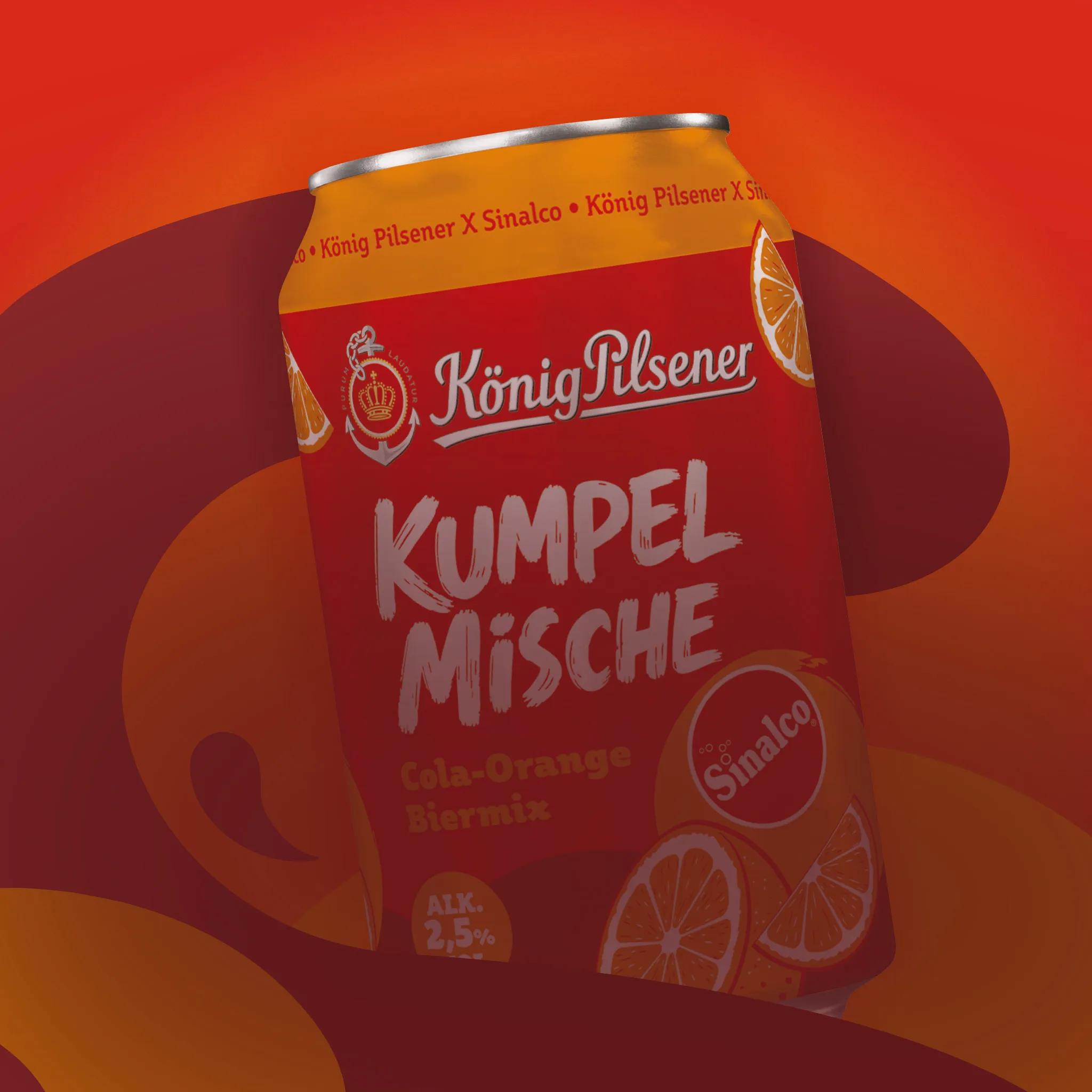 Illustration mit einer Dose mit der Aufschrift König Pilsener Kumpel Mische und einem orange rotem Hintergrund.