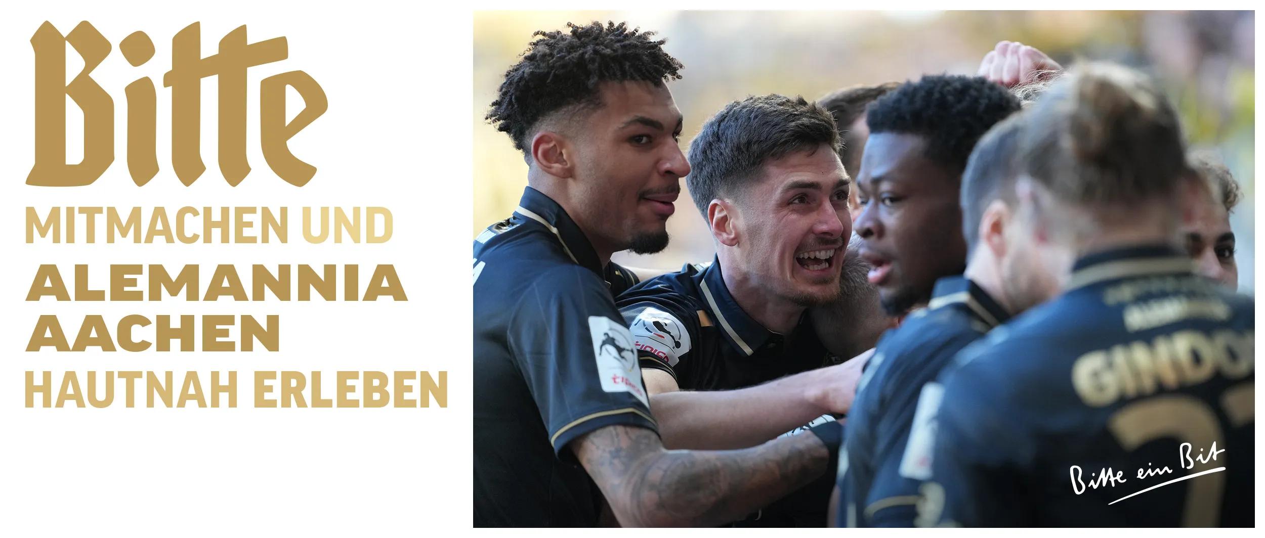 Illustration mit Text: Bitte mitmachen und Alemannia Aachen hautnah erleben. daneben ein Fußballteam im Jubel.