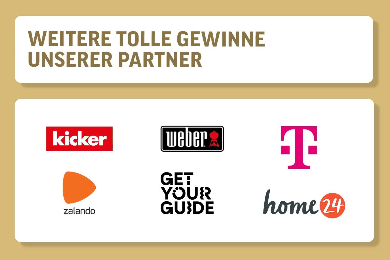 Illustration mit Text: Weitere tolle Gewinne unserer Partner. Darunter Logos von: Kicker, Weber, Telekom, zalando, Get your Guide, home24.