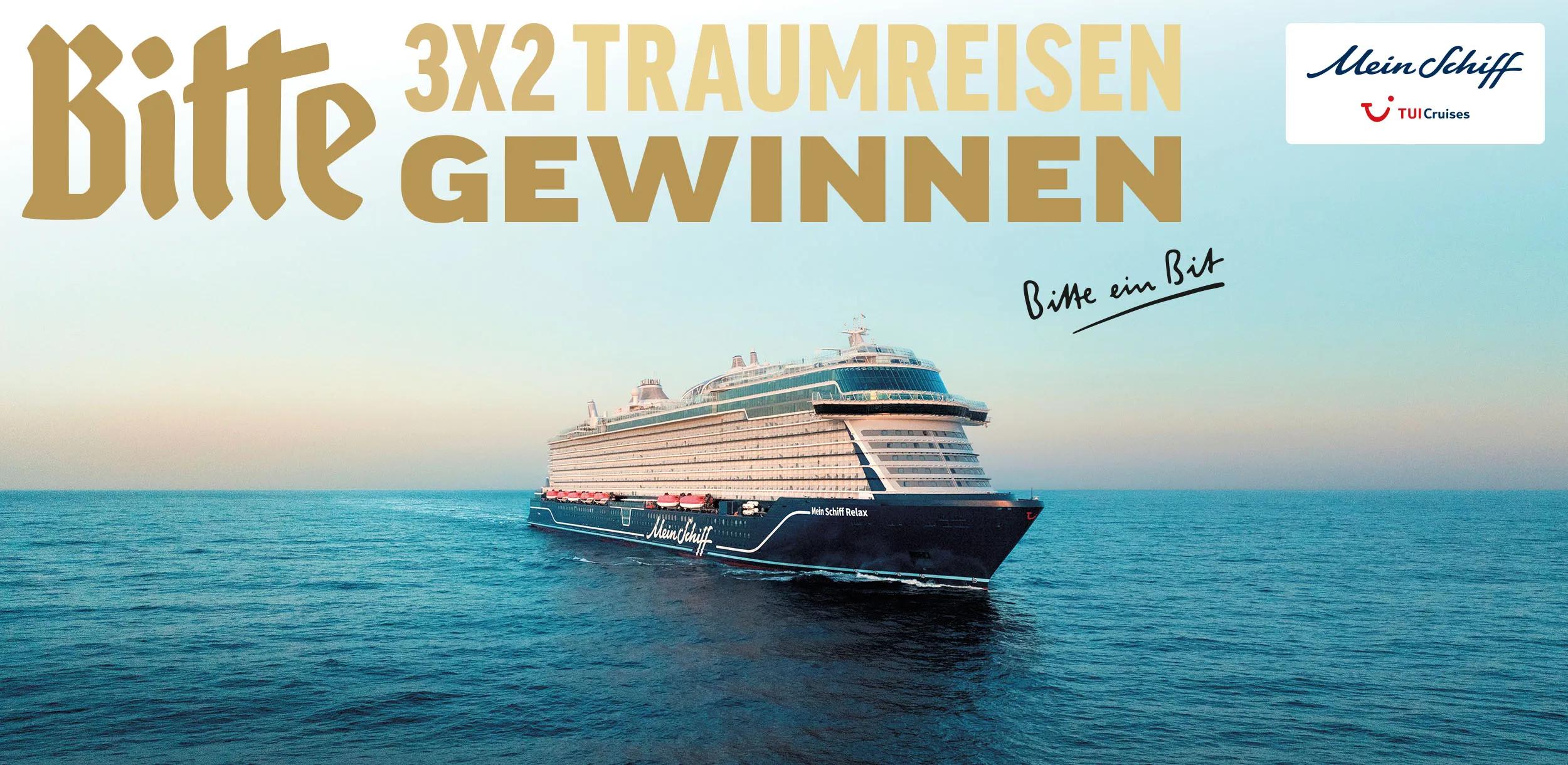 Illustration mit Text: Bitte 3x2 Traumreisen gewinnen; Hintergrundbild mit einem Kreuzfahrtschiff auf offener See.