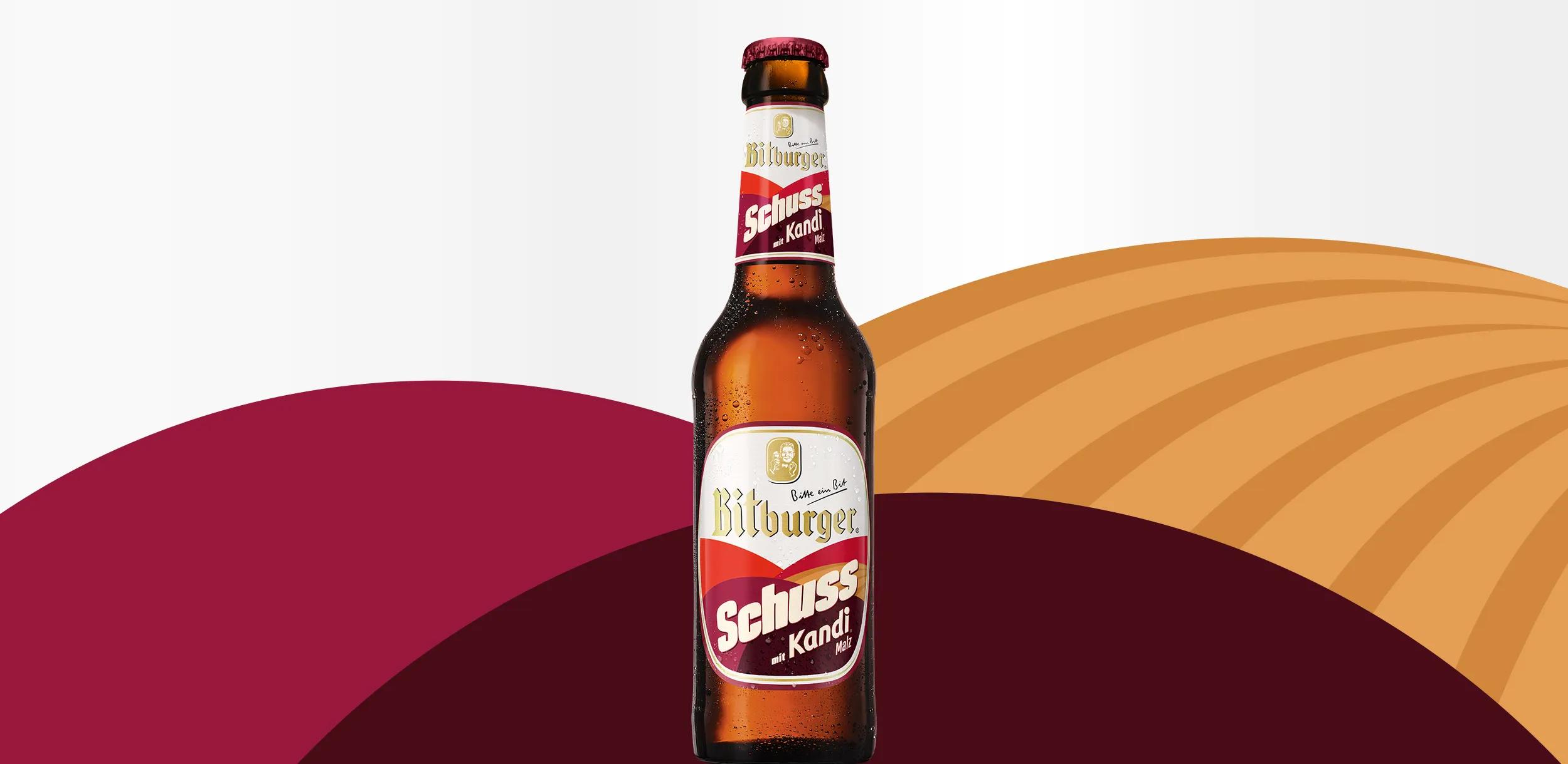 Ein Bild, auf dem eine Flasche Bitburger Schuss mit Kandi Malz zu sehen ist.