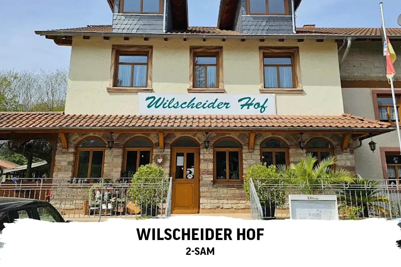 Illustration mit einem Bild einer Gastsätte und Text darunter: Wildscheier Hof - 2-Sam.