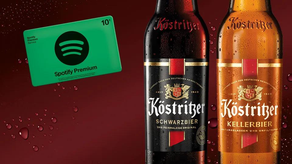 Ein Online Teaser für Spotify mit einer grünen Gutschein-Karte und zwei Flaschen auf der linken Seite. 