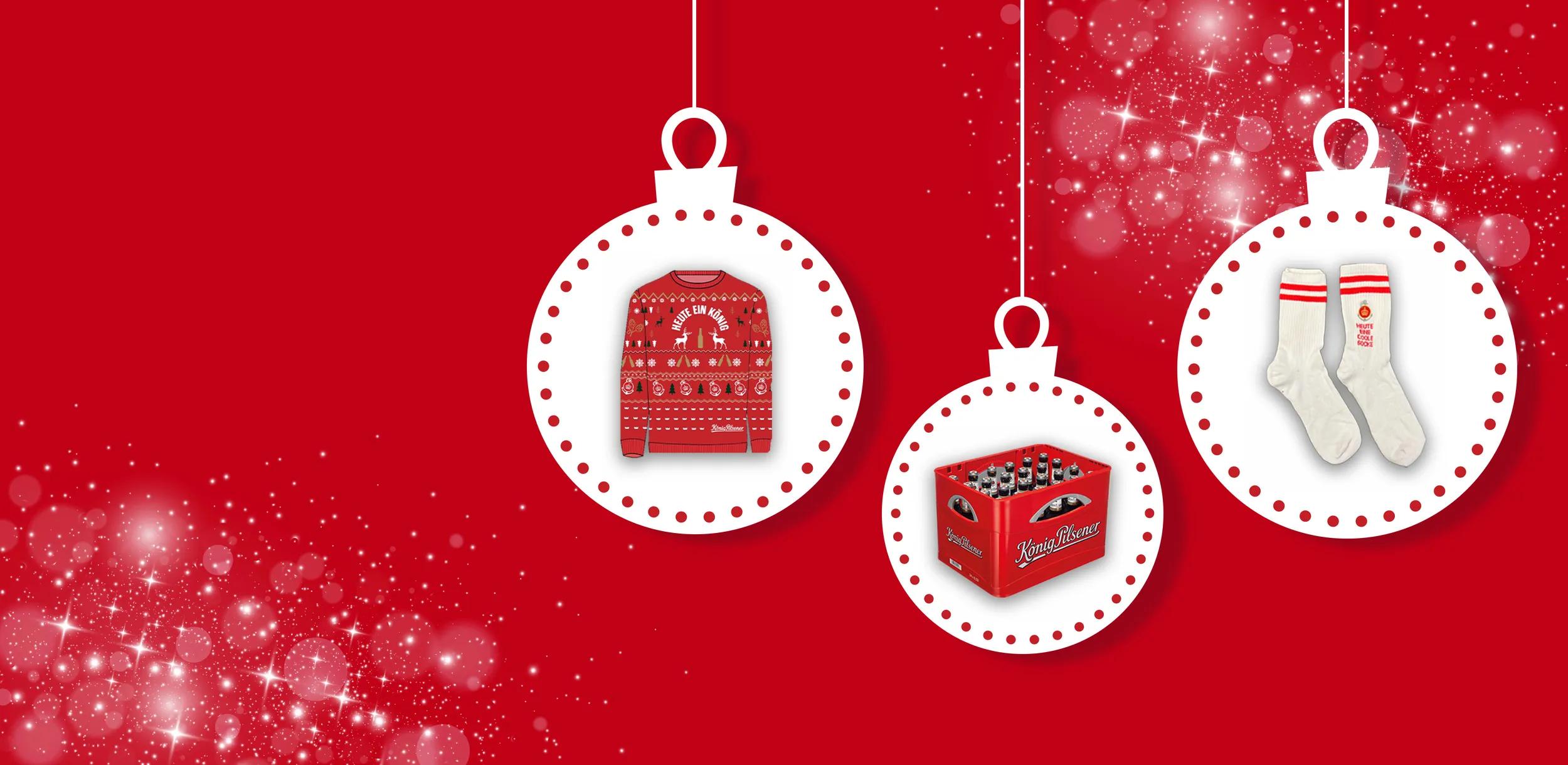 Illustration mit Weihnachtsbaumkugeln, in denen Bierkästen und andere Geschenke drin sind.