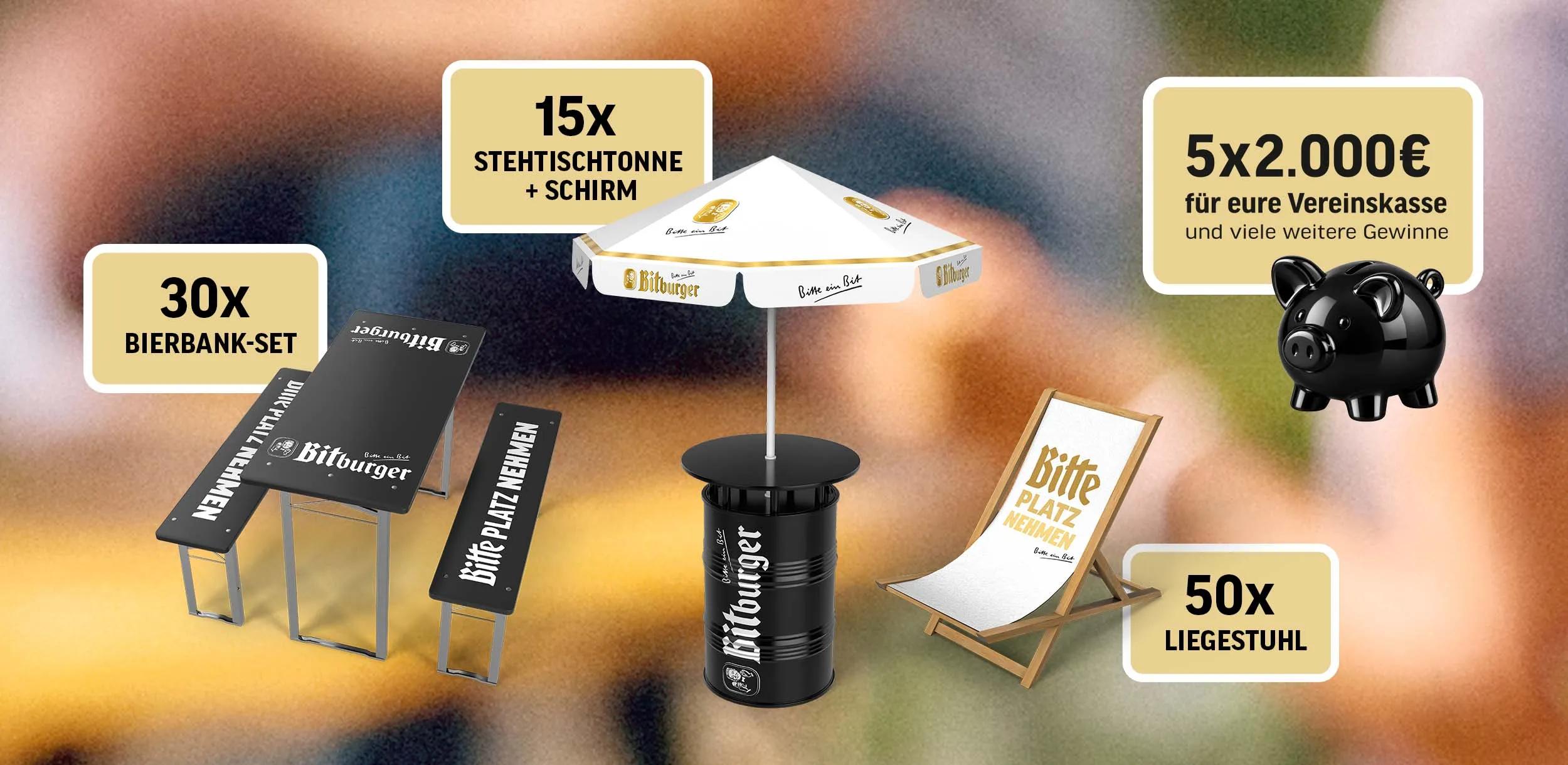 Die Gewinne der Bitburger Vereinsförderung 2026: "30x Bierbank-Set, 15x Stehtischtonne + Schirm, 50x Liegestuhl" im Bitburger-Design sowie "5 × 2.000 € für eure Vereinskasse und viele weitere Gewinne", dargestellt mit einem schwarzen Sparschwein.