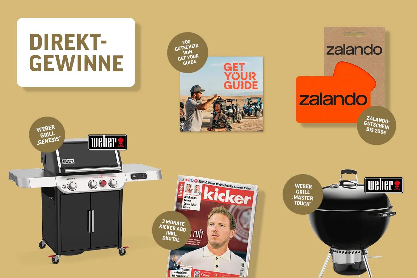Störer: Direktgewinne; Webergrill, Kicker-Zeitschrift, Get-your-guide- und Zalando-Gutschein vor goldenem Hintergrund.