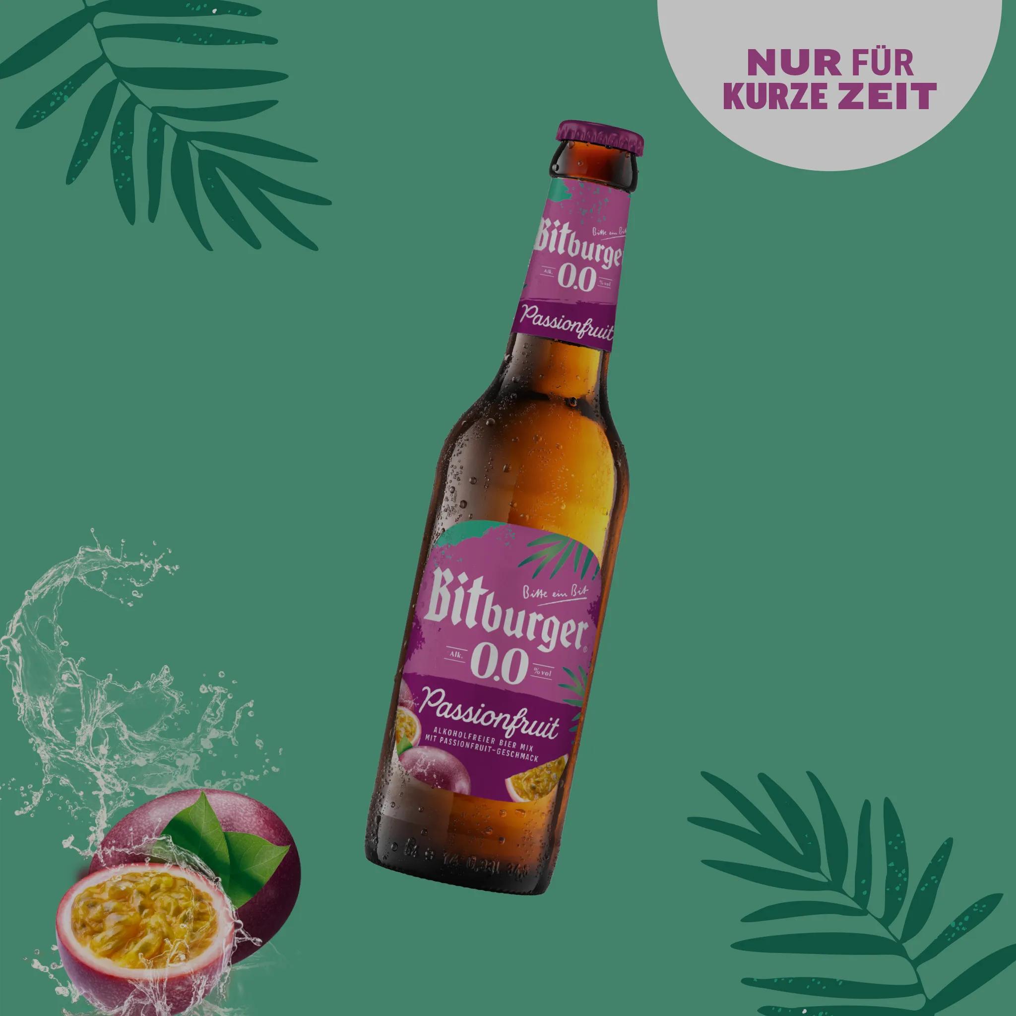 Flasche mit violettem Etikett vor grünem Hintergrund, in der Ecke ein Text: Nur für kurze Zeit.