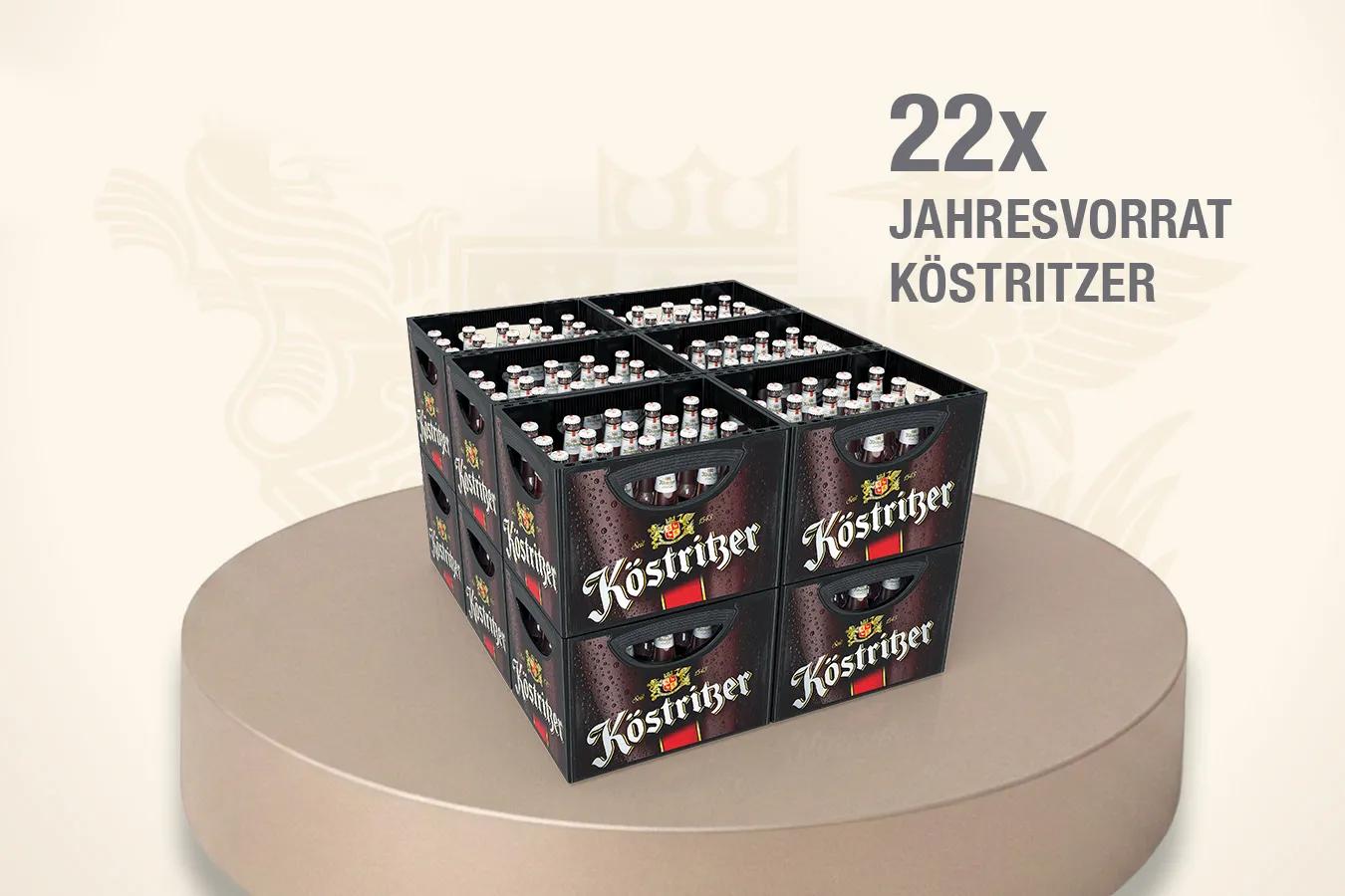 Illustration mit mehreren Kästen Köstritzer auf einem Podest mit Text: 22x Jahresvorrat Köstritzer.