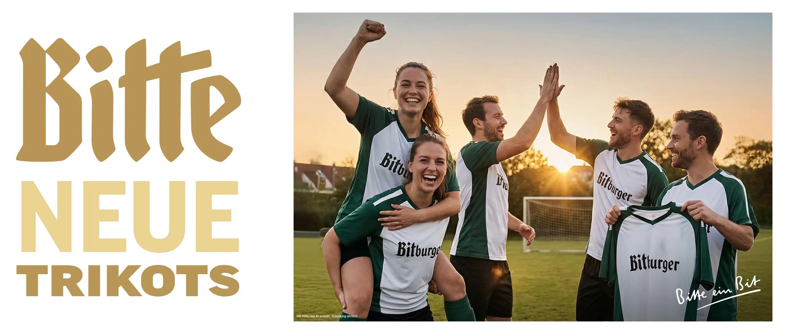Headerbild der Bitburger Trikotaktion 2026. 2 Spielerinnen und 3 Spieler auf einem Fußballplatz mit Bitburger Trikot.
