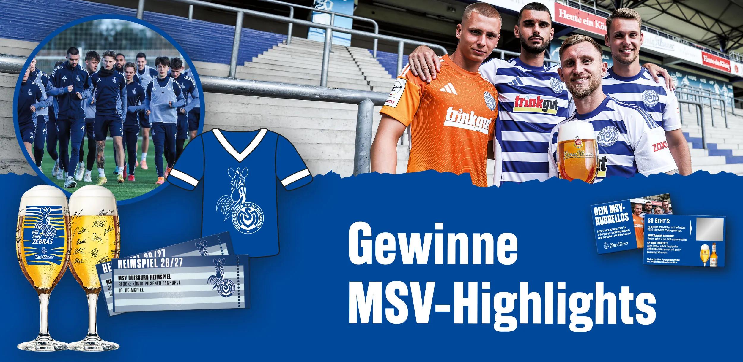 Illustration mit blauem Grundton: Fußballtrikot und -tickets, zwei Biergläser, und eine Fußballmannschaft beim Training. Davor ein Text: Gewinne MSV-Highlights.