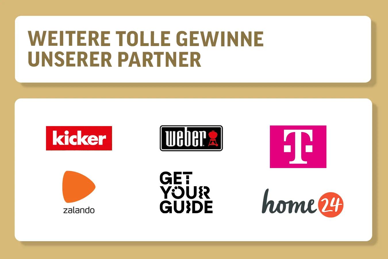 Störer: Weitere Tolle Gewinner unserer Partner; Logos von kicker, Weber, Telekom, zalando, getyourguide, home24.
