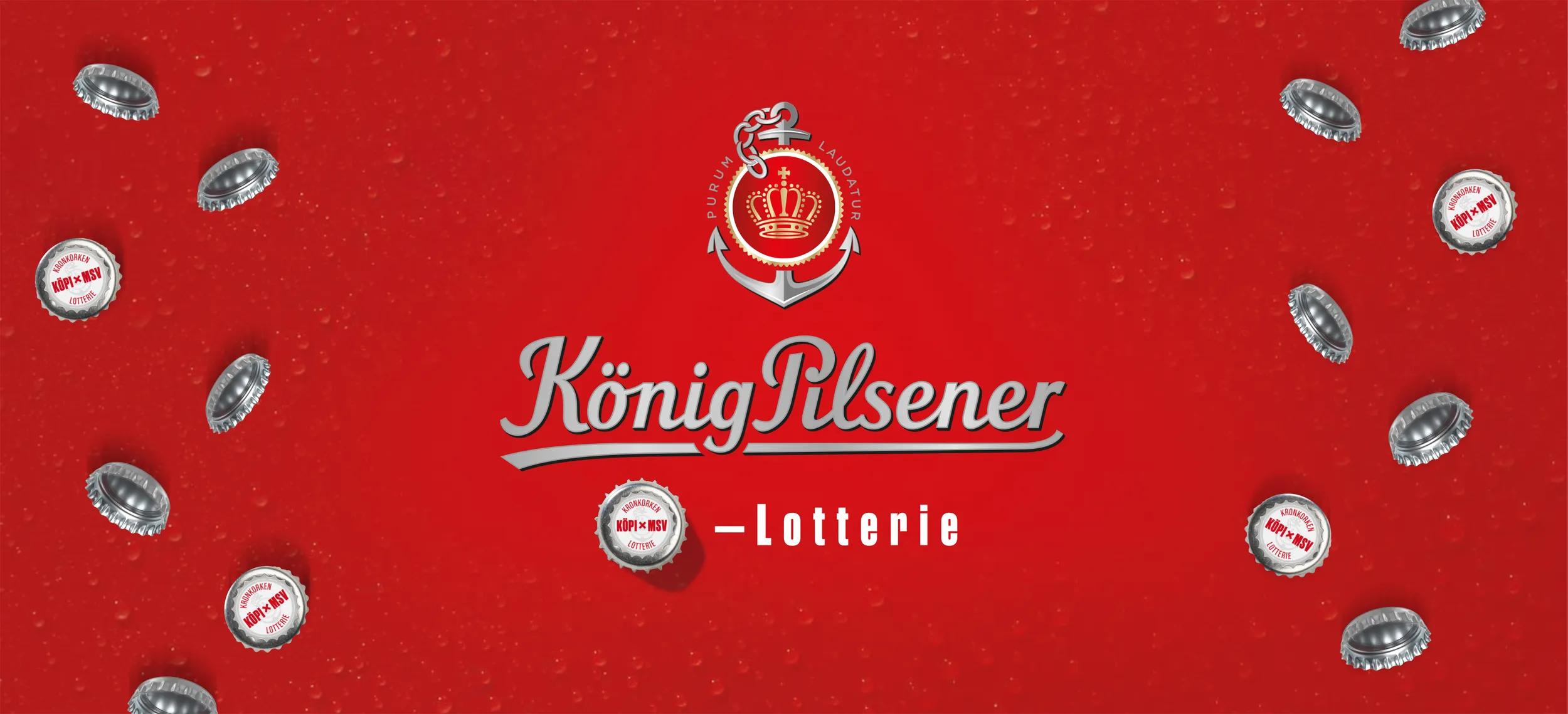 Illustration mit rotem Hintergrund und vielen Kronkorken; in der Mitte Text: König Pilsener Kronkorkenlotterie.