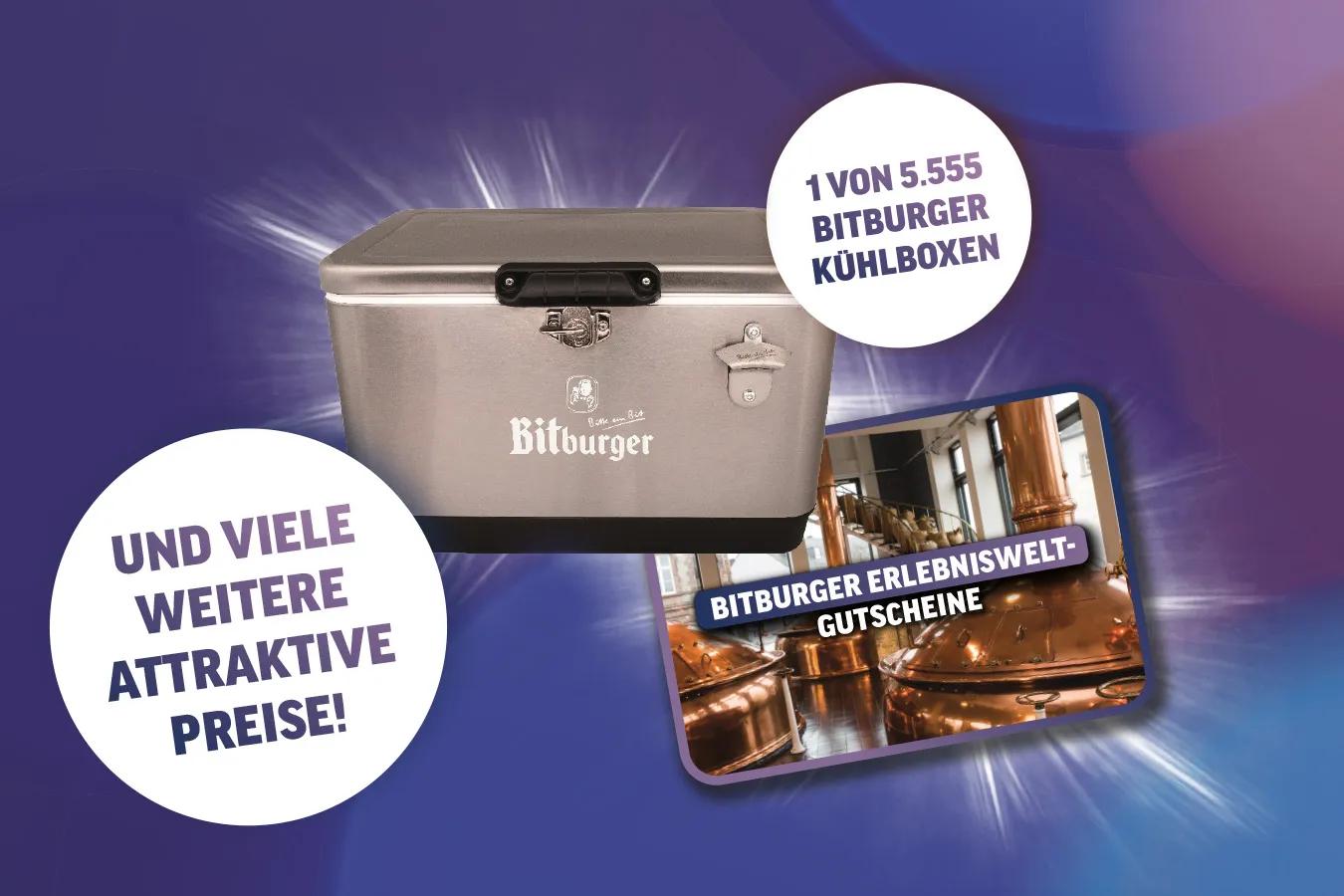 Bitburger Sommeraktion Gewinne auf blauem Hintergrund. 