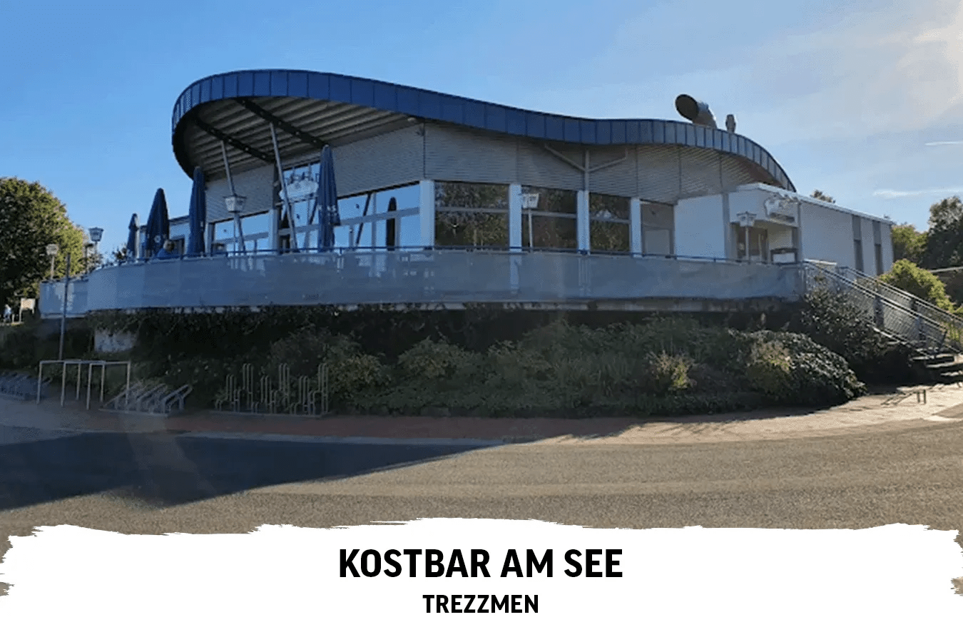 Illustration mit einem Bild einer modernen Gasstätte und Text darunter: Kostbar am See - Trezzmen.