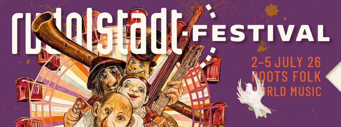 Illustration mit Text Rudolstadt Festival, 2-5 Juli 26. Darunter gezeichnete Puppen und ein Riesenrad.