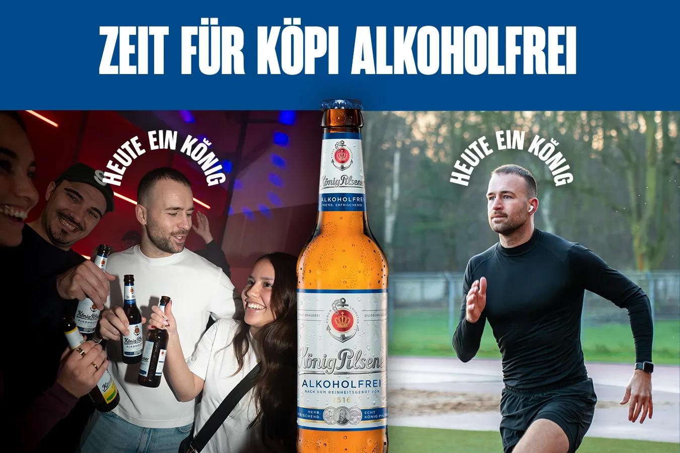 Zeit für Köpi Alkoholfrei, zwei Bilder: Eine Gruppe stößt mit einer Flasche and. Die gleiche Person joggt draußen.