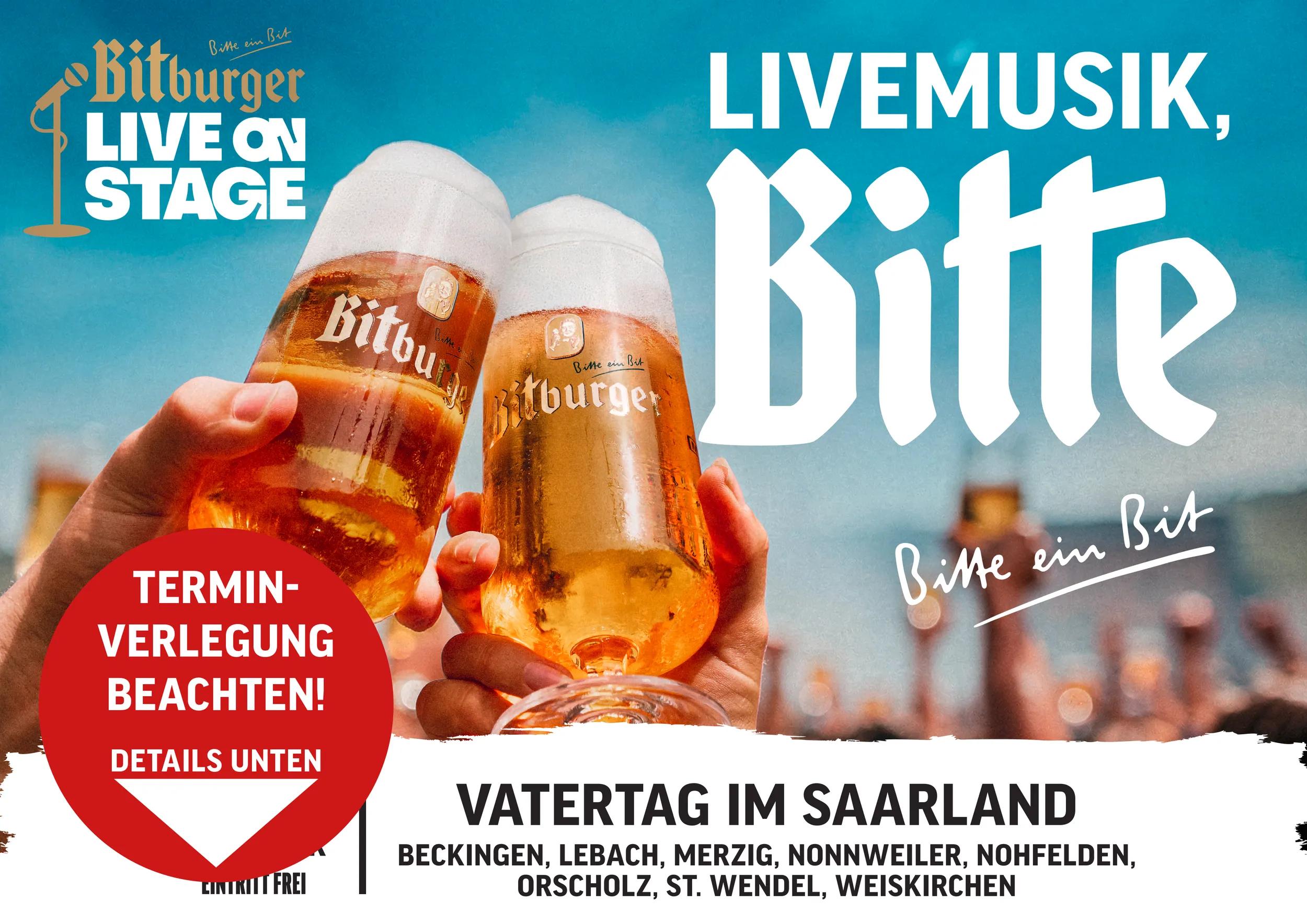 Illustration mit zwei Biergläsern, die angestoßen werden und Text: Livemusik Bitte; Vatertag im Saarland. Roter störer: Terminverlegung beachten! Details unten.