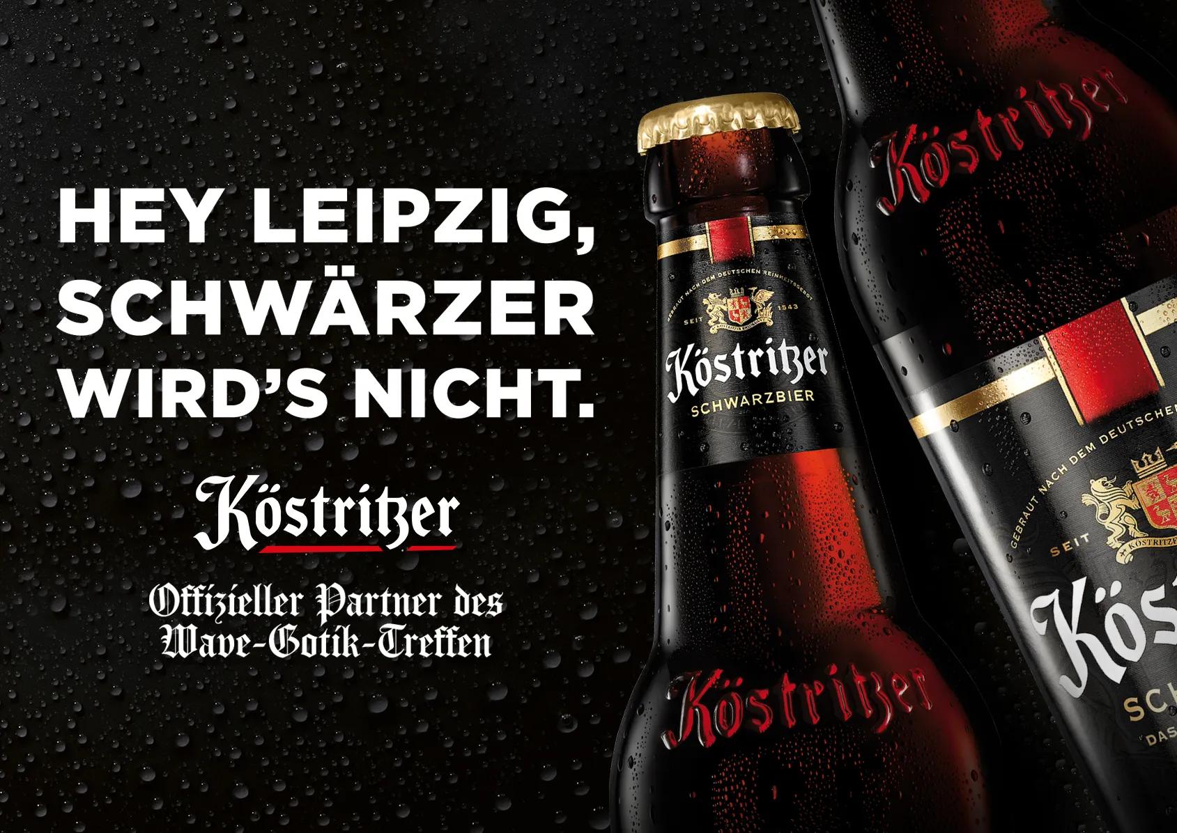 Illustration mit Text: Hey Leipzig, schwärzer wird's nicht. Daneben zwei betaute Flaschen Köstritzer Bier.
