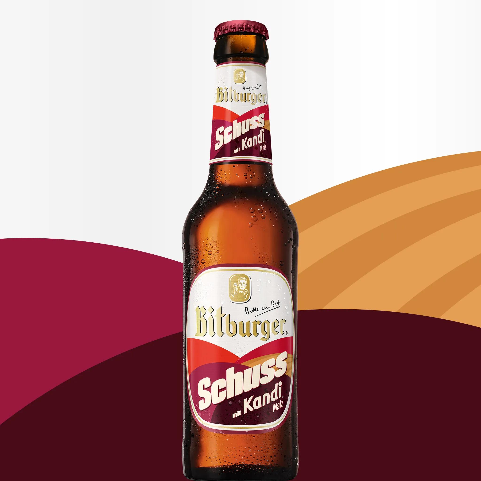 Ein Bild, auf dem eine Flasche Bitburger Schuss mit Kandi Malz abgebildet ist.