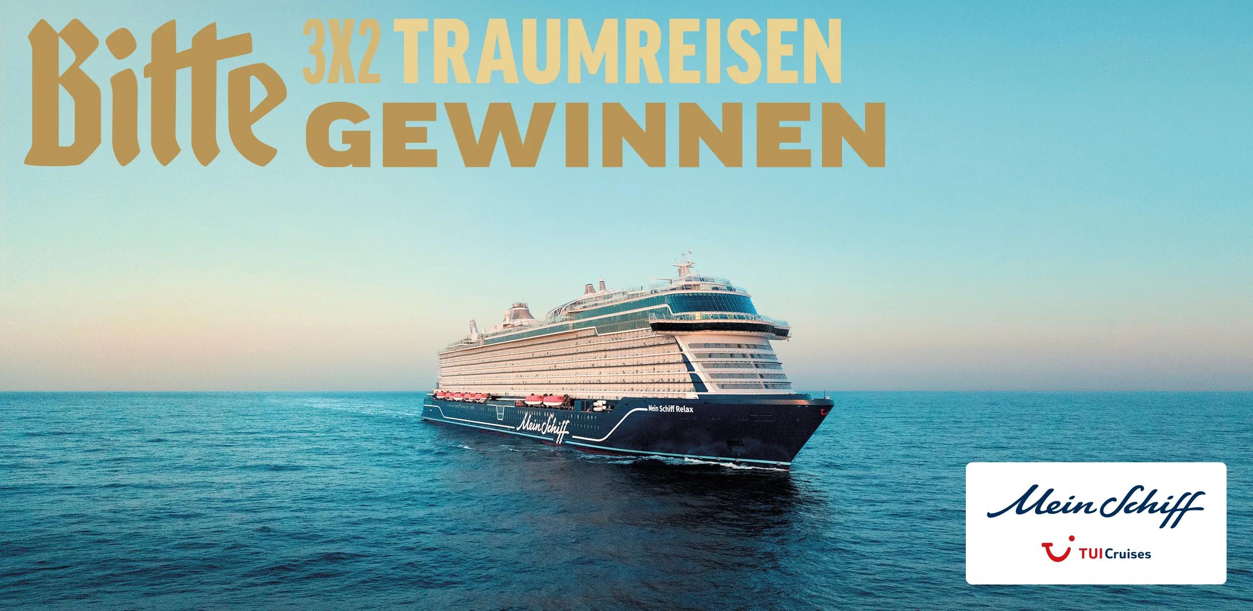 Illustration mit Überschrift: Bitte 3x2 Traumreisen gewinnen. Im Hintergrund ein Kreuzfahrtschiff auf offener See.