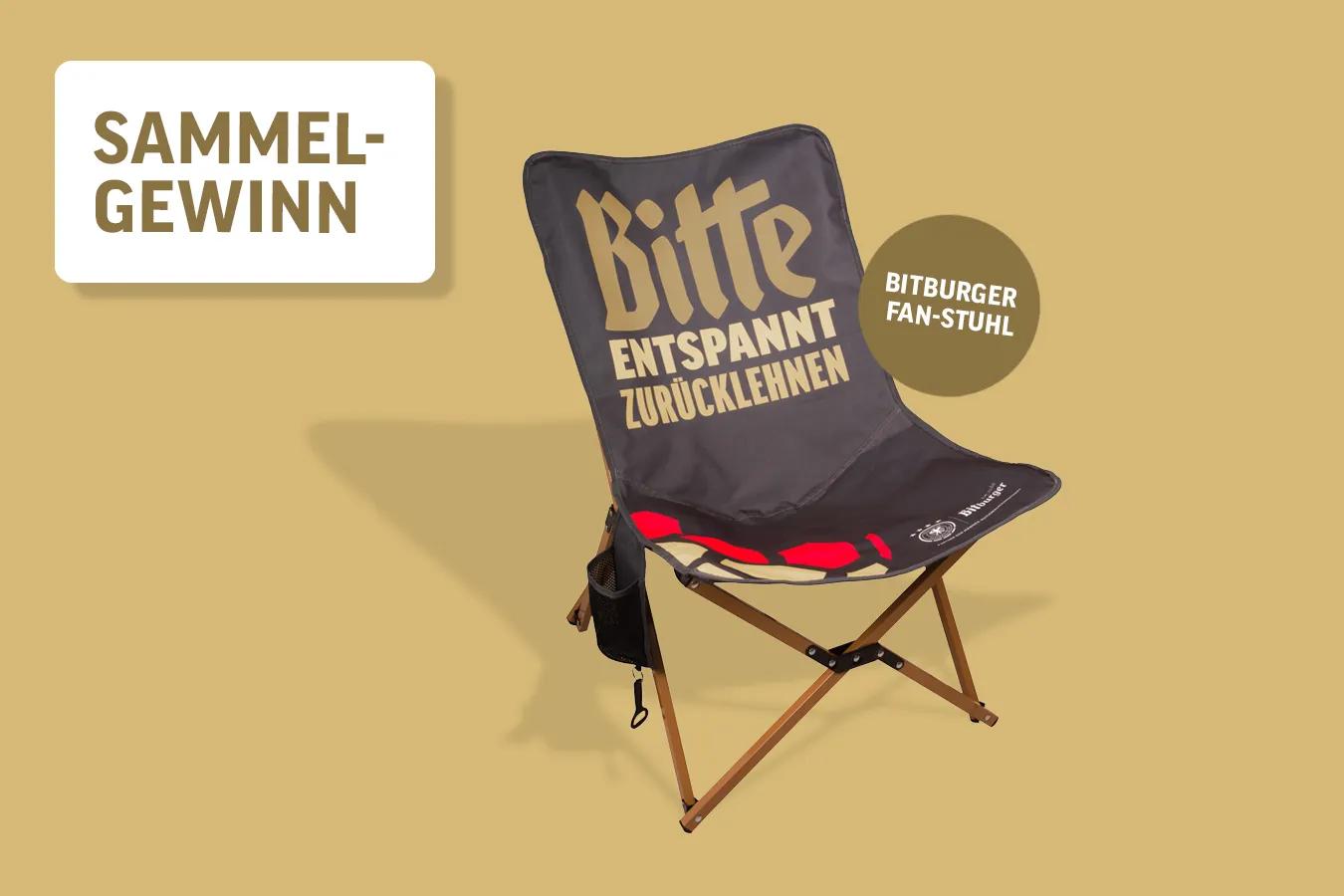 Störer mit Sammelgewinn; Klappstuhl mit Bitburger Branding vor goldenem Hintergrund.