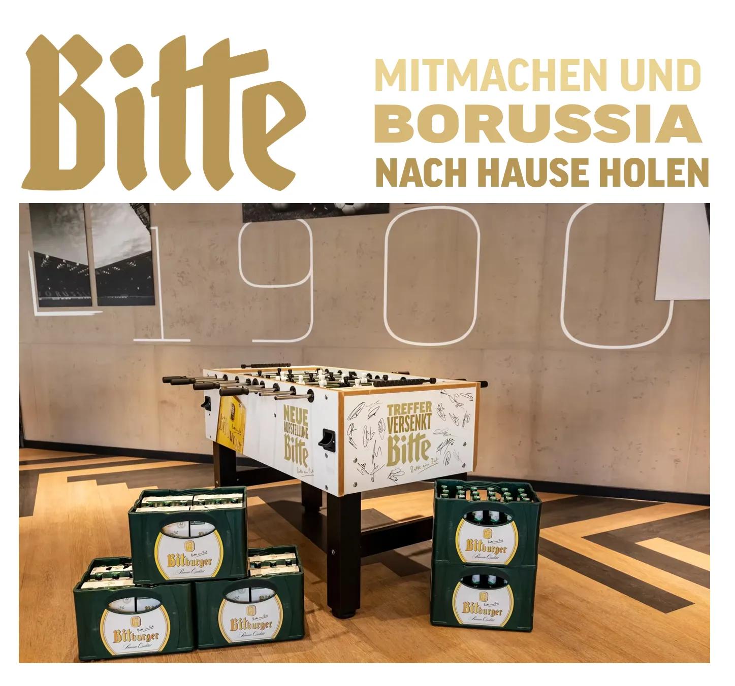Text: Bitte mitmachen und Borussia nach Hause holen, darunter ein Tischkicker mit Unterschriften.