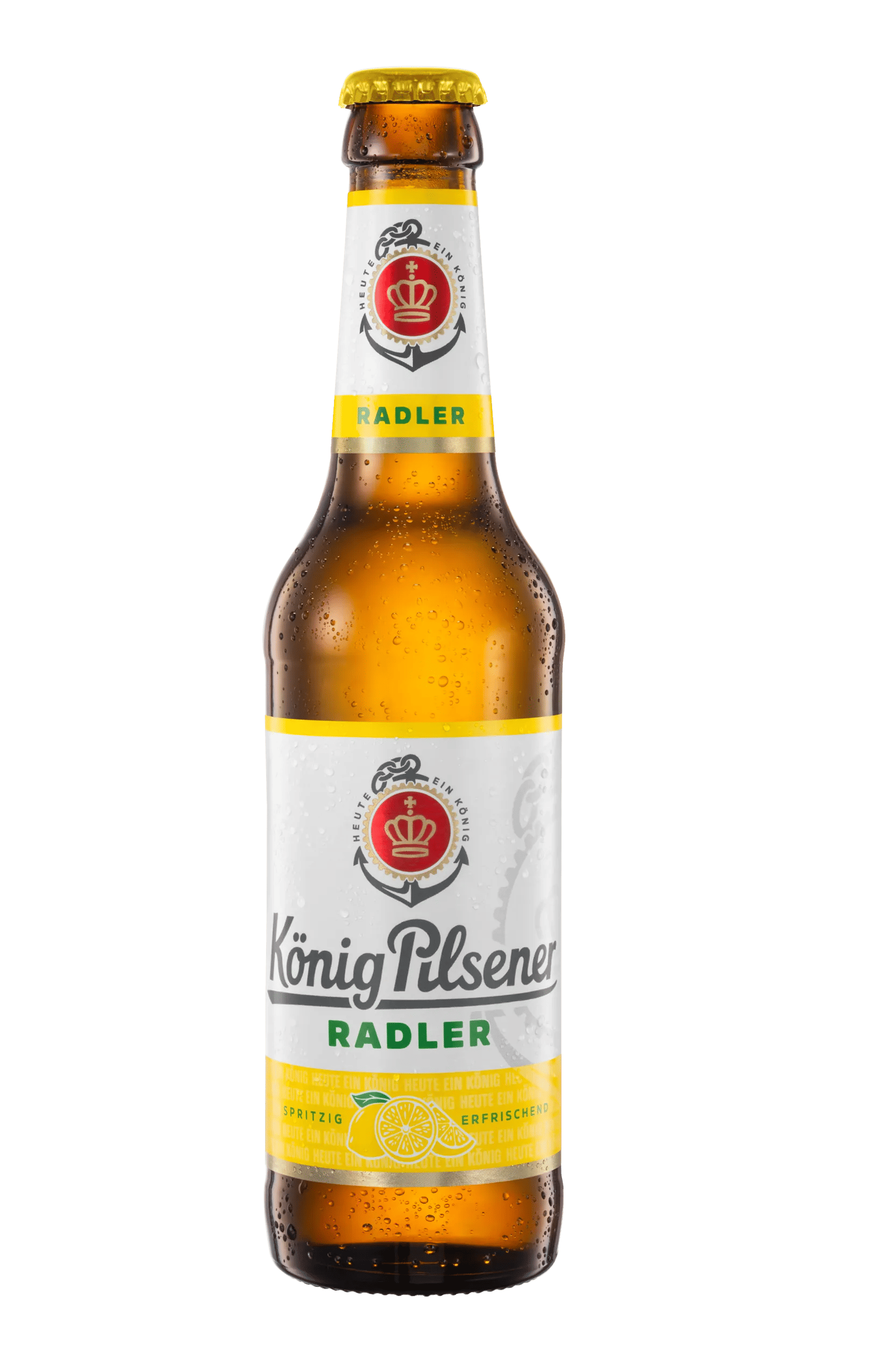 Bierflasche mit gelb weißem Etikett und Aufschrift: König Pilsener Radler.