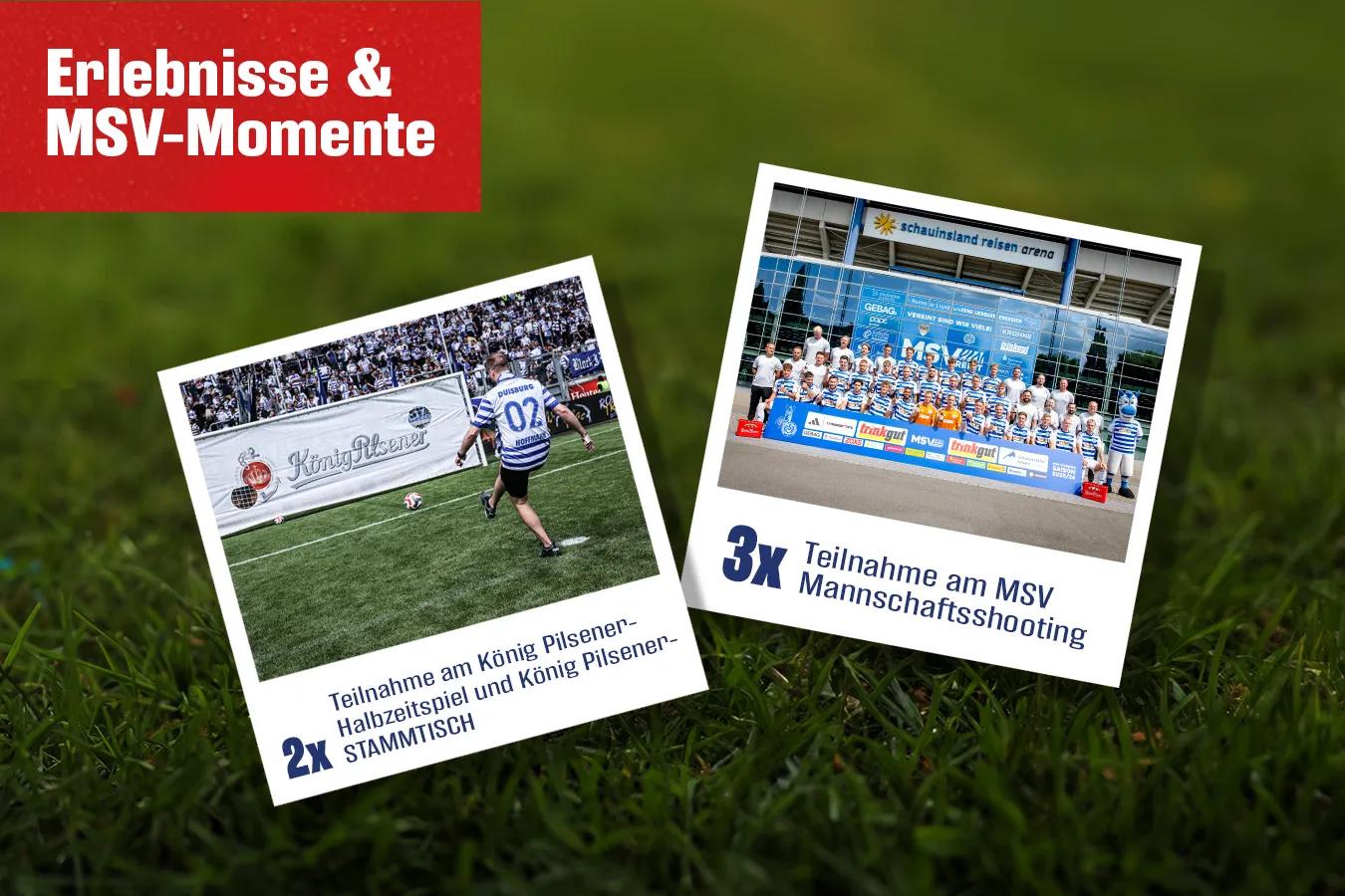 Illustration mit zwei Polaroidbildern: "2x Teilnahme am König Pilsener-Halbzeitspiel und König Pilsener-STAMMTISCH" und "3x Teilnahme am MSV Mannschaftsshooting"