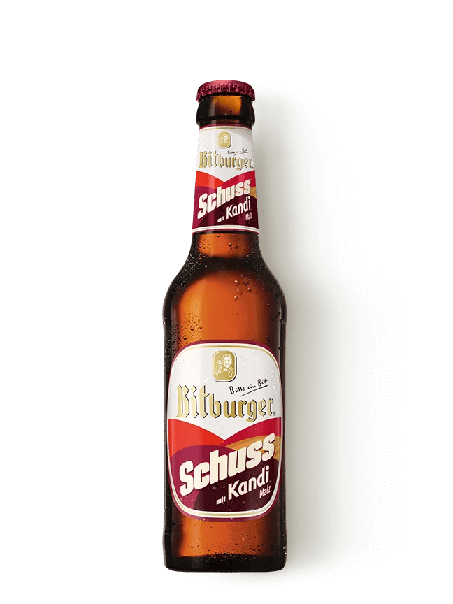 Produktdarstellung "Bitburger Schuss" in einer braunen Flasche.