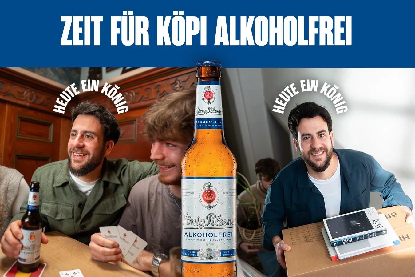 Zeit für Köpi Alkoholfrei, zwei Bilder: Eine Person sitzt mit Bier an einem Tisch und spielt Karten; die gleiche Person trägt einen Umzugskarton.