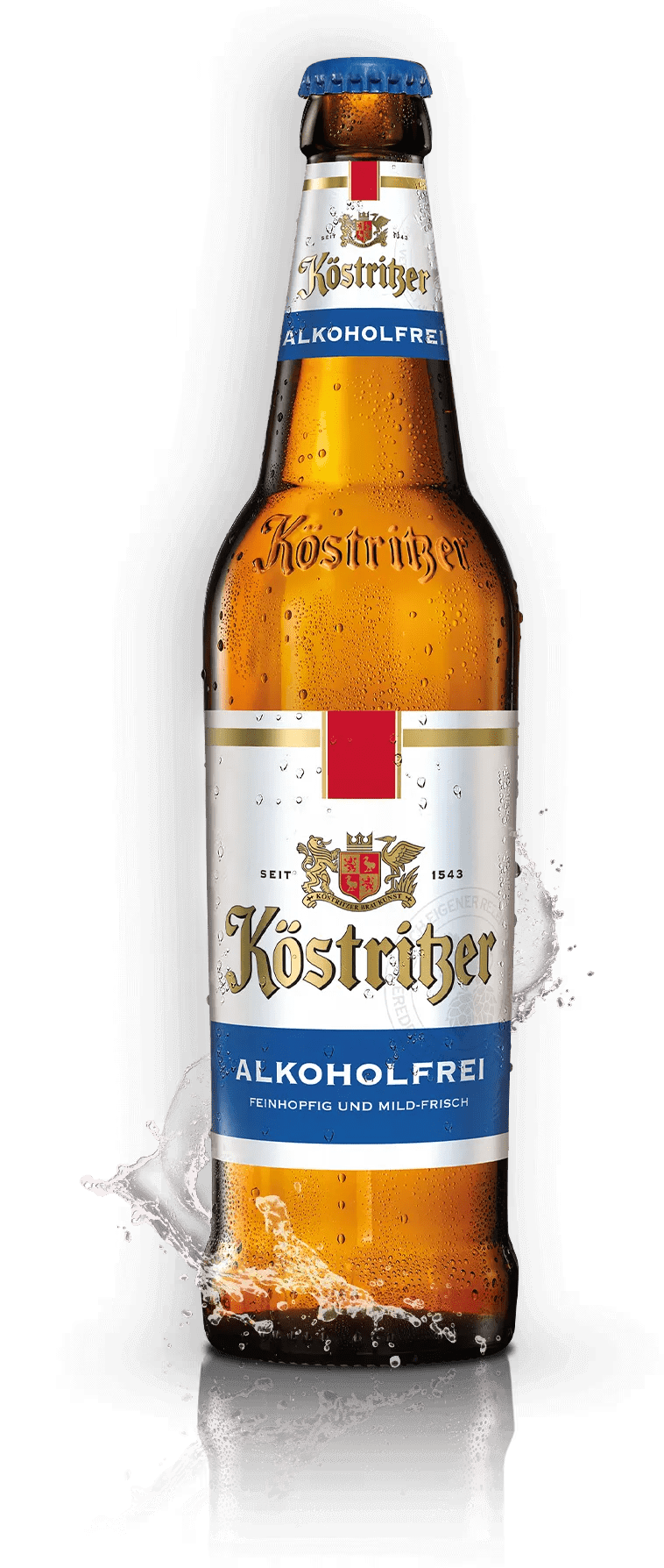 Köstritzer Alkoholfrei, braune Flasche mit weißem Etikett auf dem im unteren Drittel ein blauer Banner zu sehen ist. Darüber ist das Logo von Köstritzer.