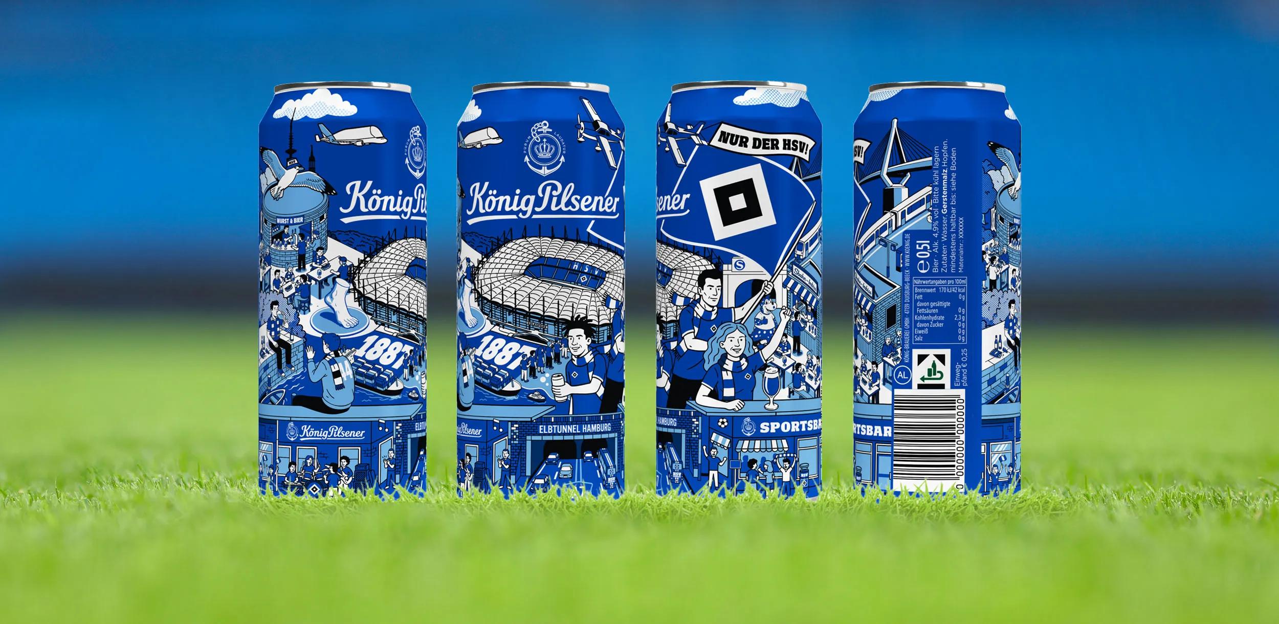 Foto mit blauem Hintergrund in der oberen Bildhälfte und 4 König Pilsener Dosen im HSV-Design auf einer Rasenfläche, die die untere Hälfte des Bildes einnimmt.