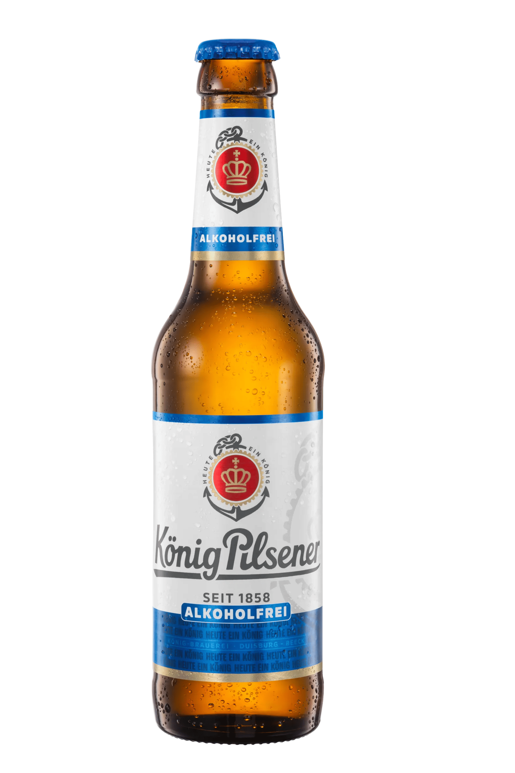 Bierflasche mit gelb weißem Etikett und Aufschrift: König Pilsener alkoholfrei.