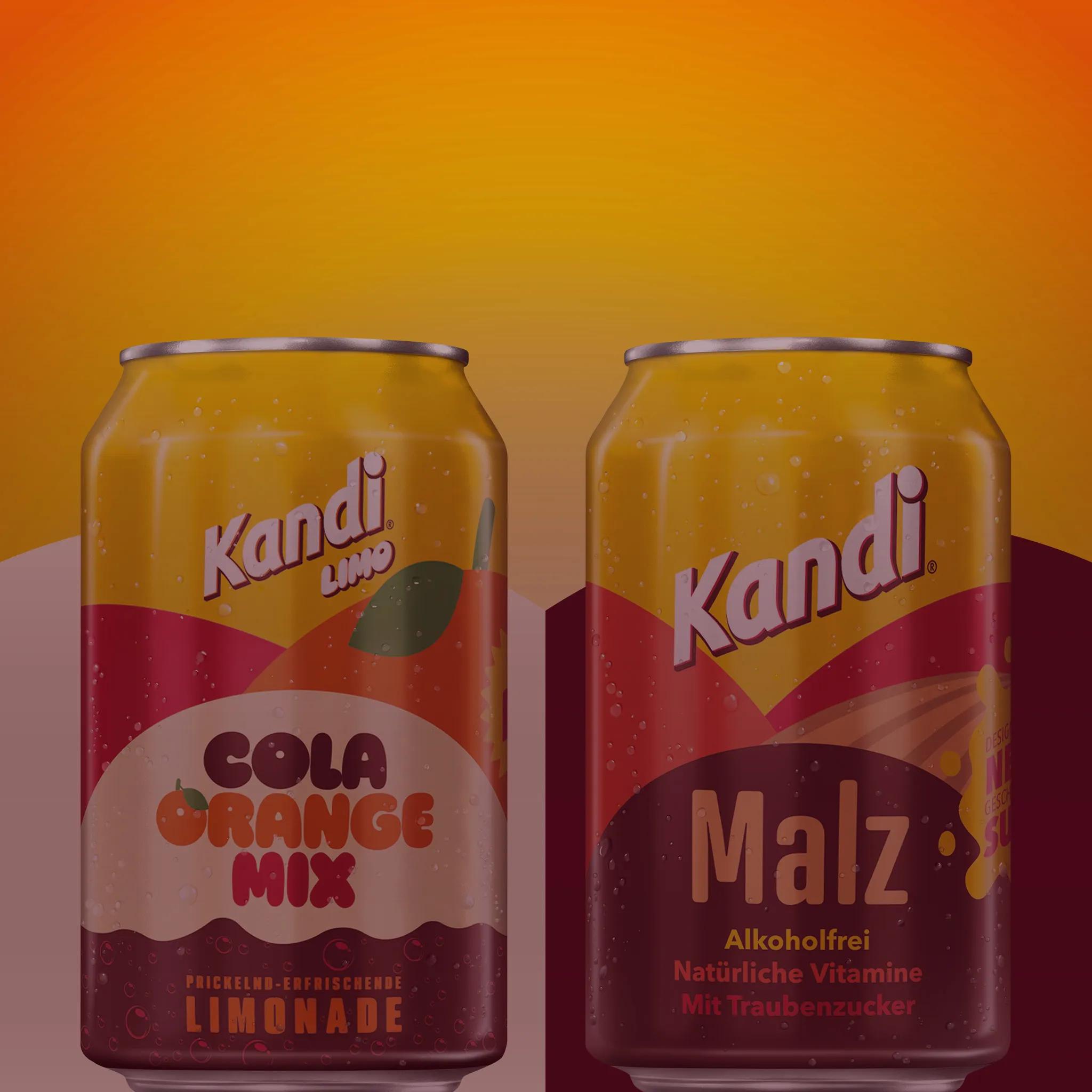 Ein Bild, auf dem zwei Dosen von Kandi Malz zu sehen sind: Der Cola-Orange-Mix, sowie das Kandi Malz aus der Dose.
