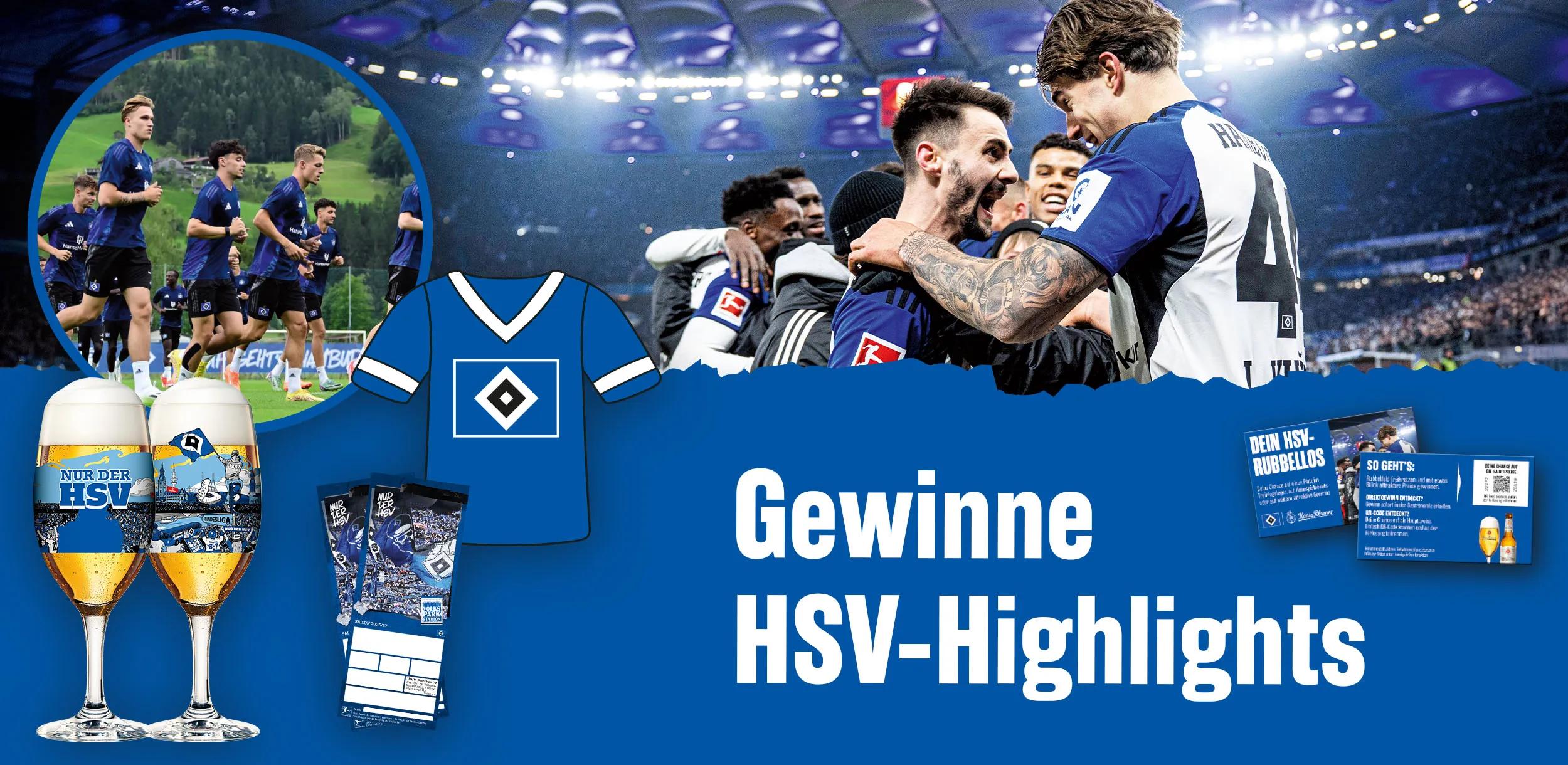 Illustration: Text: Gewinne HSV-Highlights. Daneben 1 Fußballtrikot, 2 Tickets und 2 Biergläser.