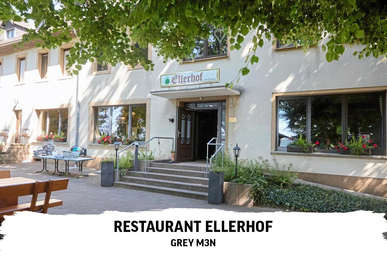Illustration mit einem Bild einer Gaststätte unter Bäumen und Text darunter: Restaurant Ellerhof - Grey M3n.