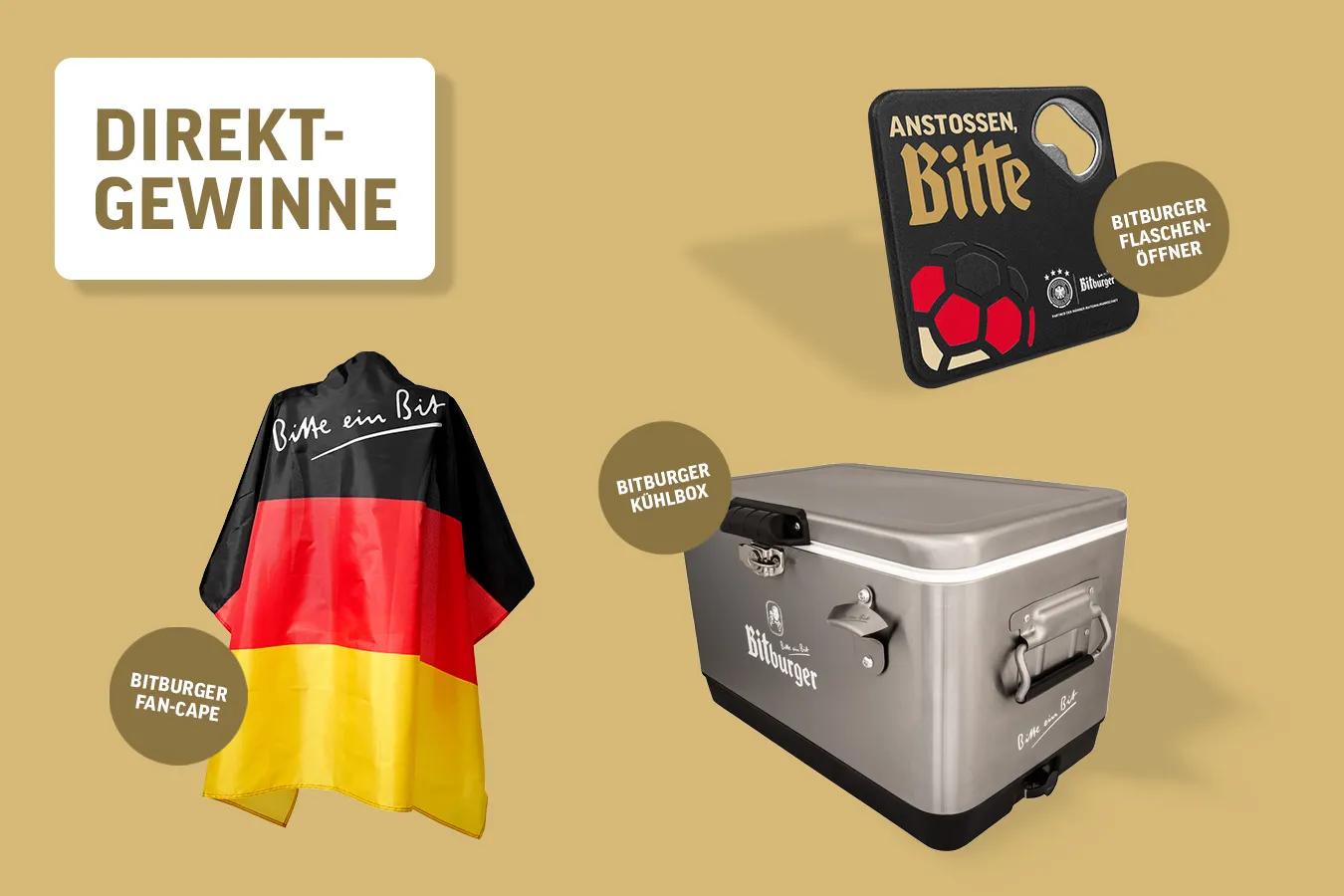 Störer: Direktgewinne. Bitburger Fancape, Kühlbox und Flaschenöffner vor goldenem Hintergrund.