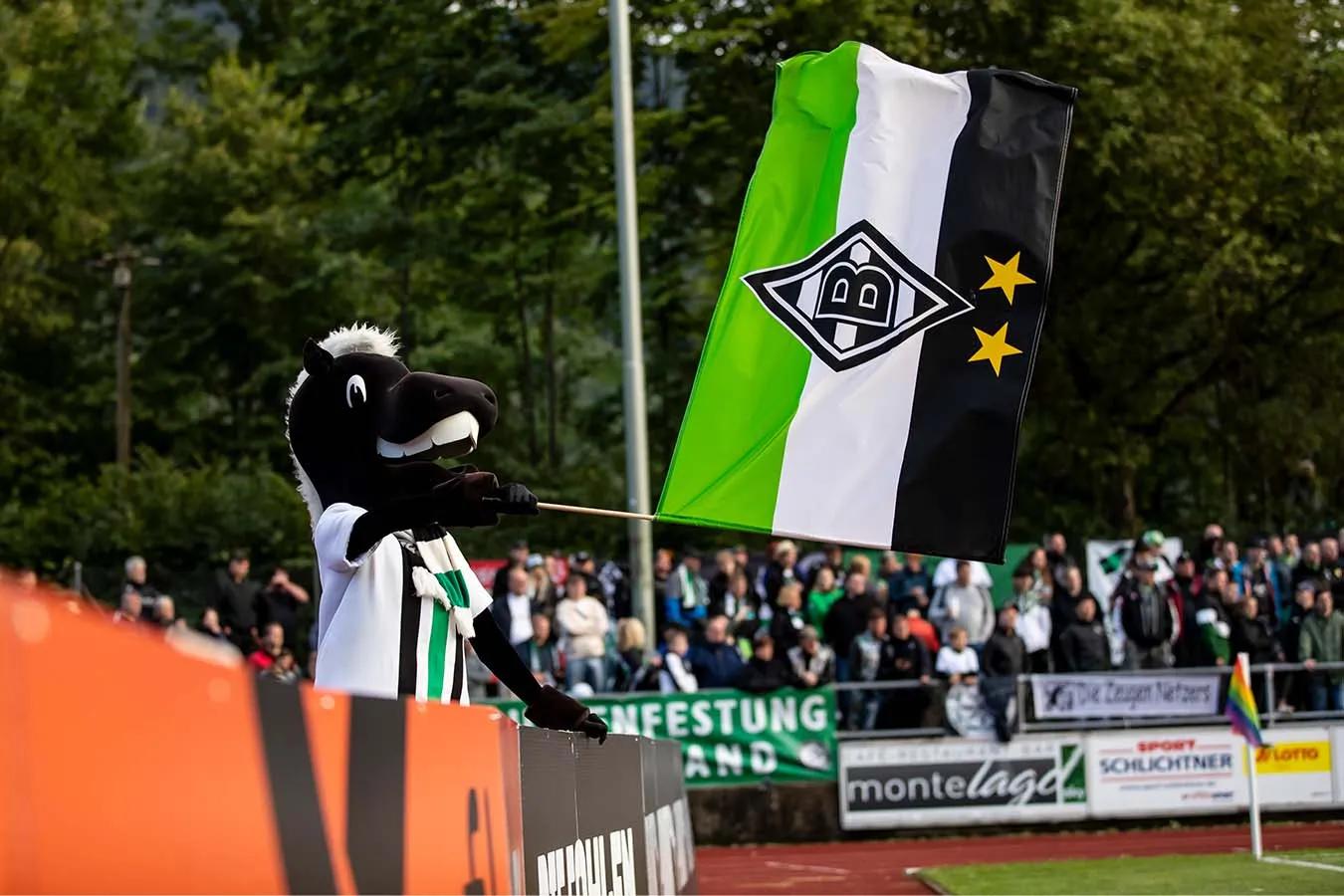 Foto vom Trainingslager Borussia Mönchengladbach. Fans sowie das Maskottchen der Mannschaft, das die Mannschaftsfahne schwingt, stehen am Rand des Fußballfeldes. Im Hintergrund ist ein Wald zu sehen.