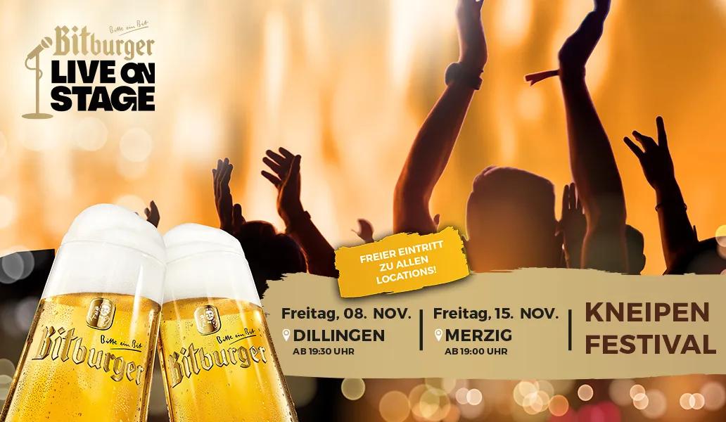 Headerbild, orangener Hintergrund mit tanzenden schwarzen Silhouetten, im Vordergrund zwei volle Pilsgläser mit Bitburger, Logo Bitburger Live on Stage oben links, unten rechtes Daten für Dillingen und Merzig