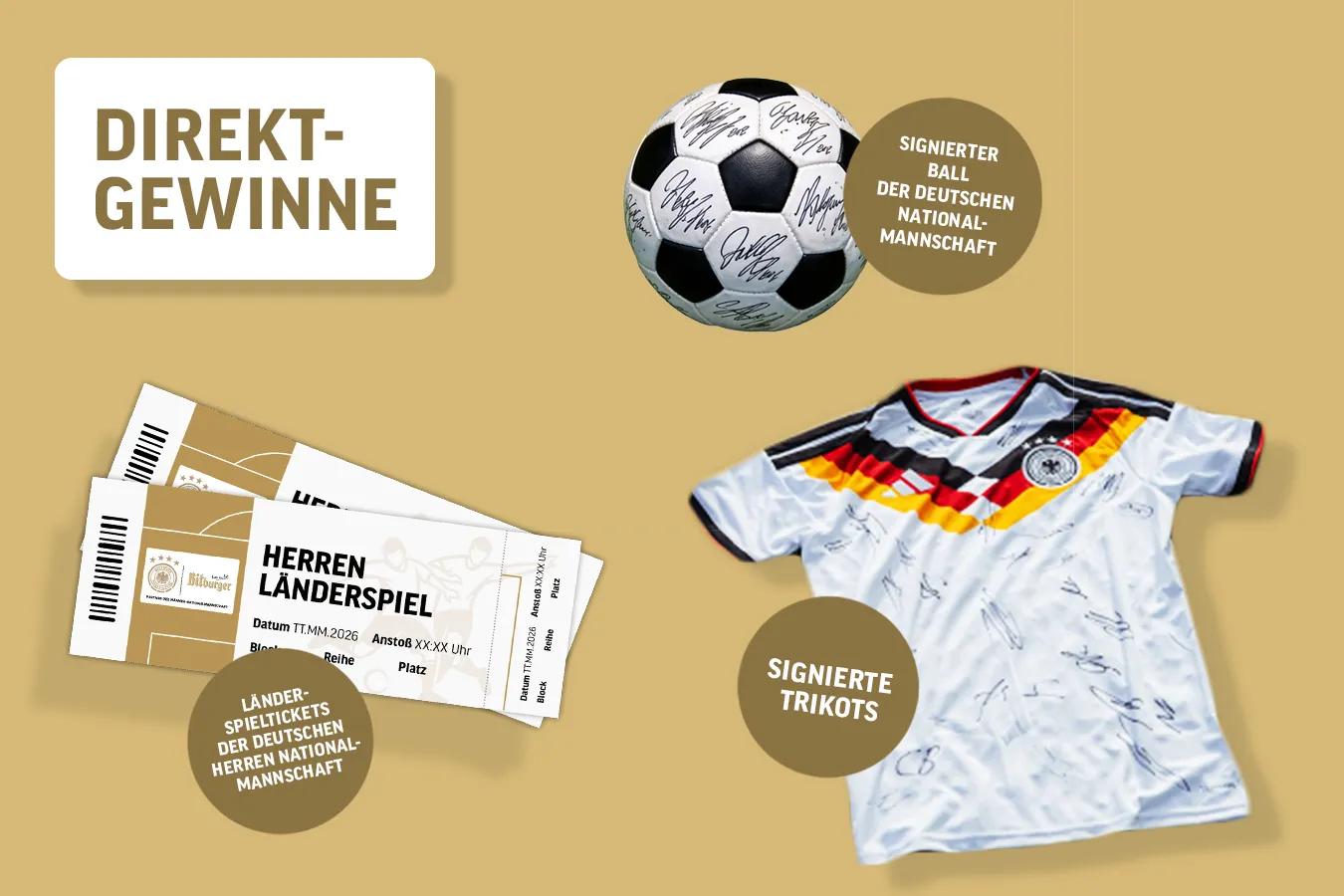 Störer: Hauptgewinne; Signierter Fußball, Fußballtickets und signiertes Deutschland-Trikot vor goldenem Hintergrund.