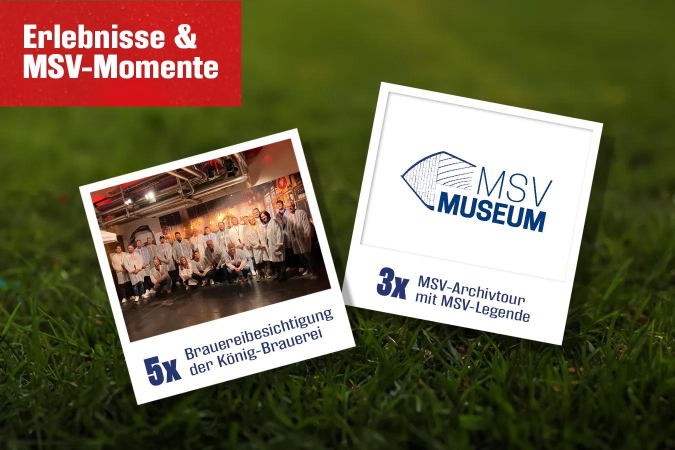 Illustration mit zwei Polaroidbildern mit Text: Erlebnisse & MSV-Momente: "5X
Brauereibesichtigung der König-Brauerei" und "3x
MSV-Archivtour mit MSV-Legende"